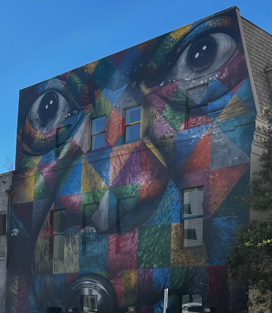The side of a building in New Orleans with a face painted on it. The face is multi-colored and has a large pair of eyes staring out.